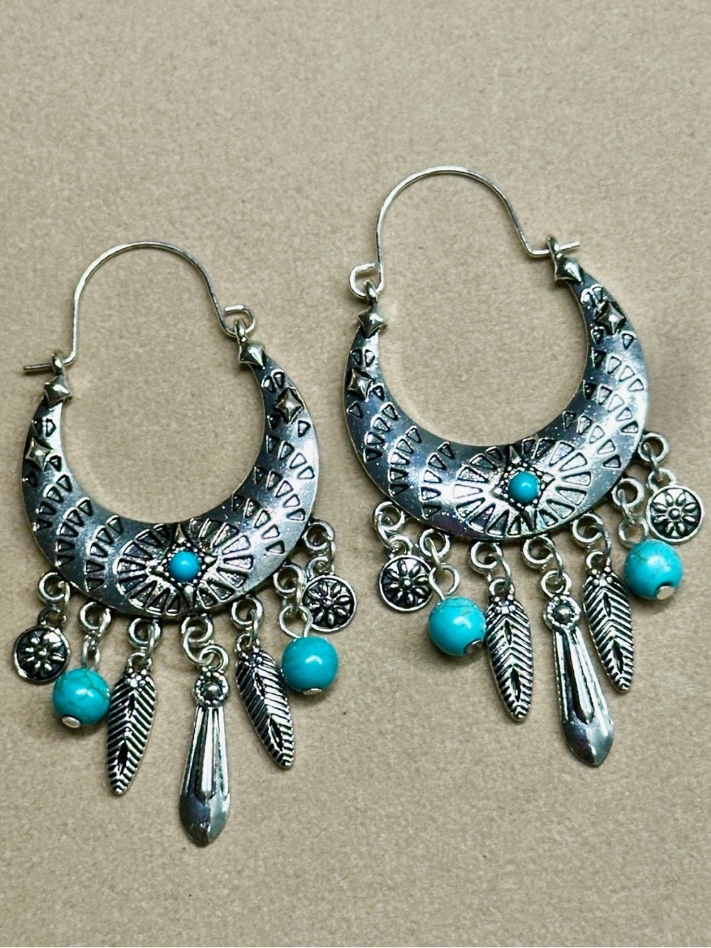 Bohemian Silver and Turquoise Hoop Dangle Earrings, Feathers SouthWestern